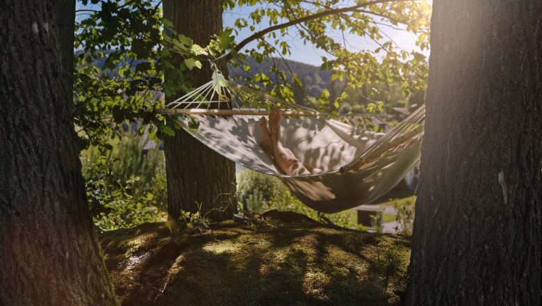 Aigen13, © MATHIAS LIXL / lixl.com Osoba relaxuje v hojdacej sieti medzi stromami v lese.