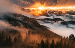 Die sanften Hügel der Wiener Alpen sind in ein mystisches Nebelmeer gehüllt, während die untergehende Sonne den Himmel in warmen Gold- und Orangetönen erleuchtet. Diese zauberhafte Herbststimmung lädt dazu ein, die frische Bergluft zu genießen und die atemberaubende Aussicht zu bewundern.