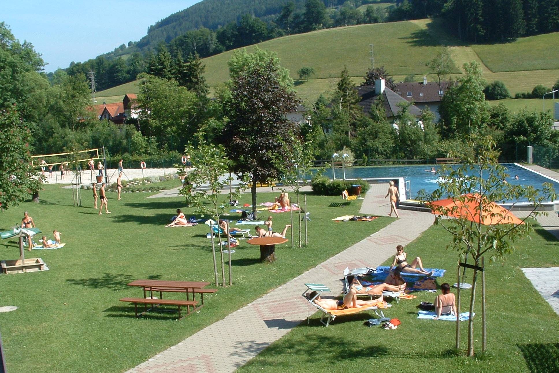 Ľudia relaxujú na trávniku vedľa bazéna s výhľadom na kopce a stromy.