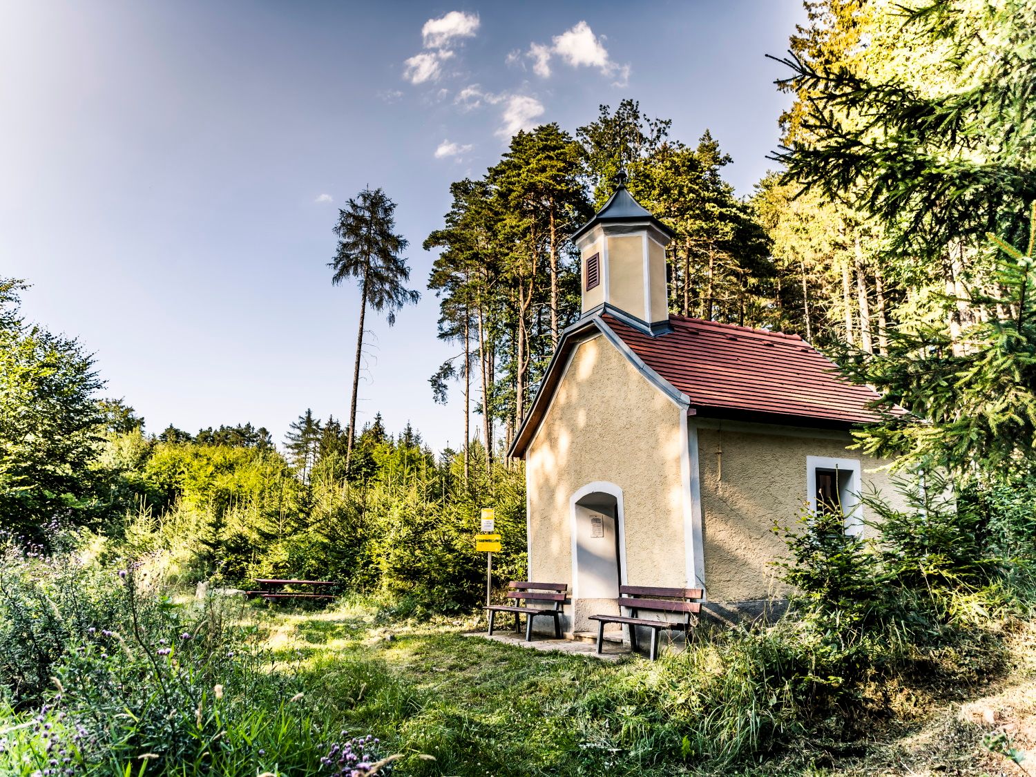 Malá kaplnka v lese s lavičkami pred ňou, obklopená stromami a lúkou.