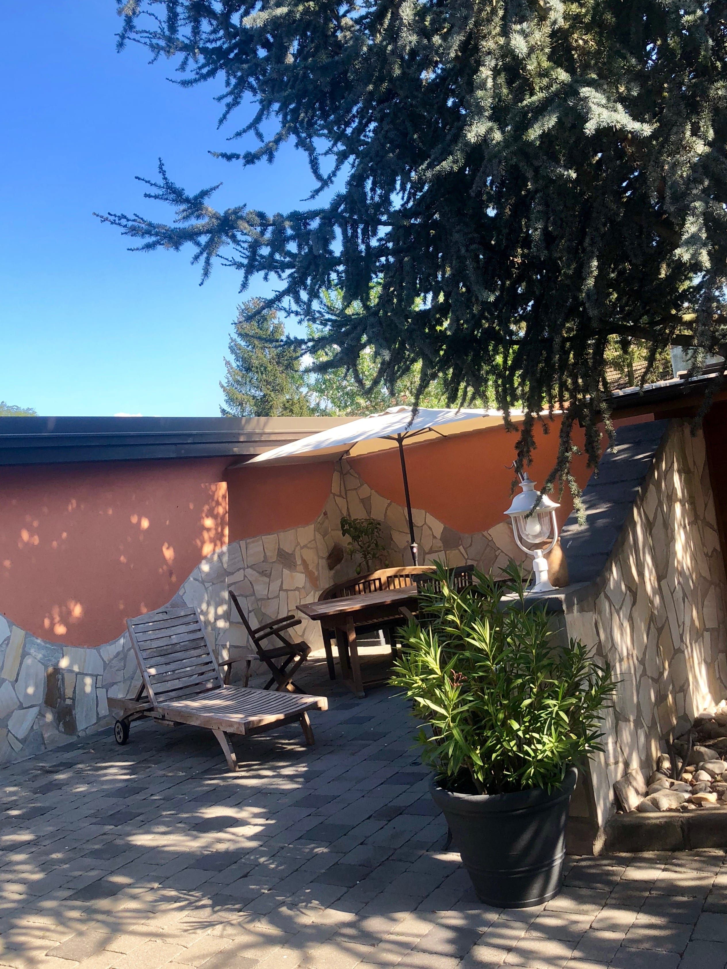 Tichý vnútorný dvor s rastlinami a posedením.