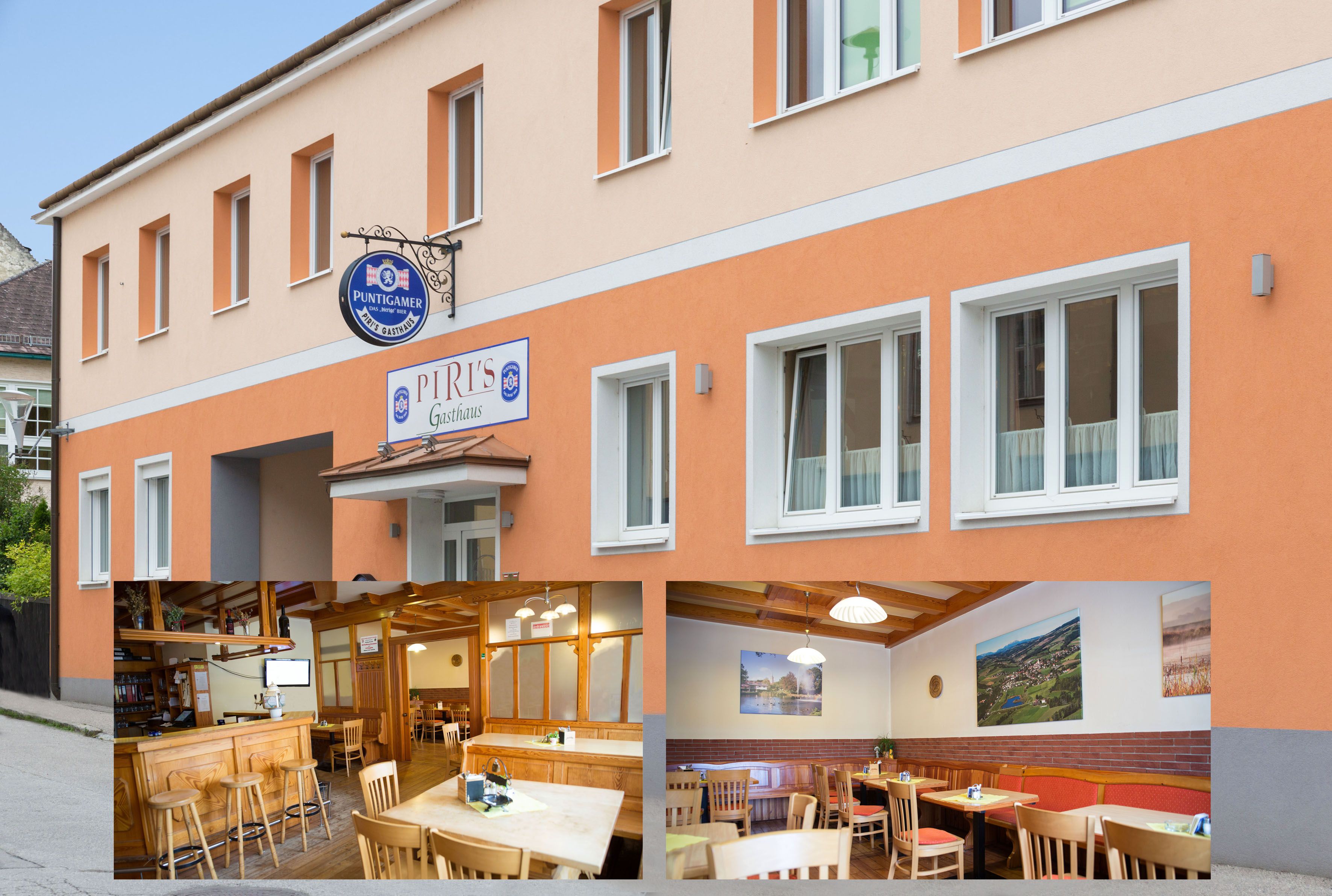 Pohľad na reštauráciu Piri's Gasthaus zvonku a pohľad do interiéru.