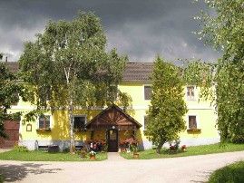 Žltý dom s drevenou strechou a záhradou, obklopený stromami.