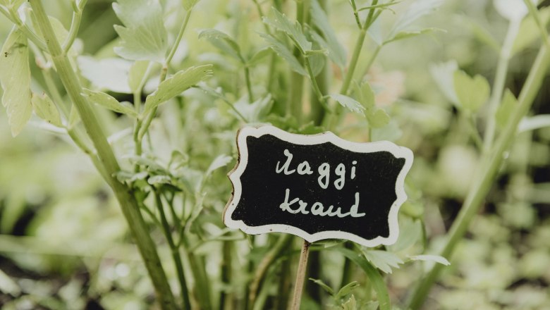 Záber zblízka na zelené bylinky s nápisom "Maggikraut".