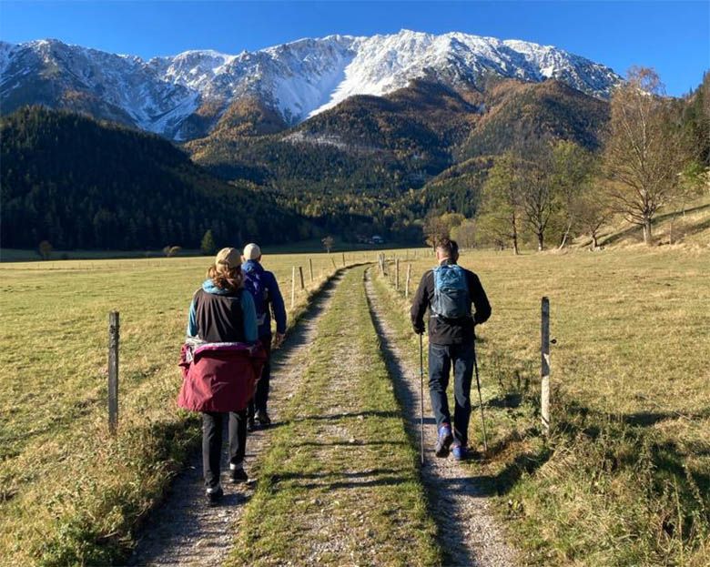 Štyria turisti na poľnej ceste so zasneženými horami v pozadí.