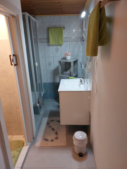 Malá kúpeľňa so sprchovacím kútom, umývadlom a uterákmi.