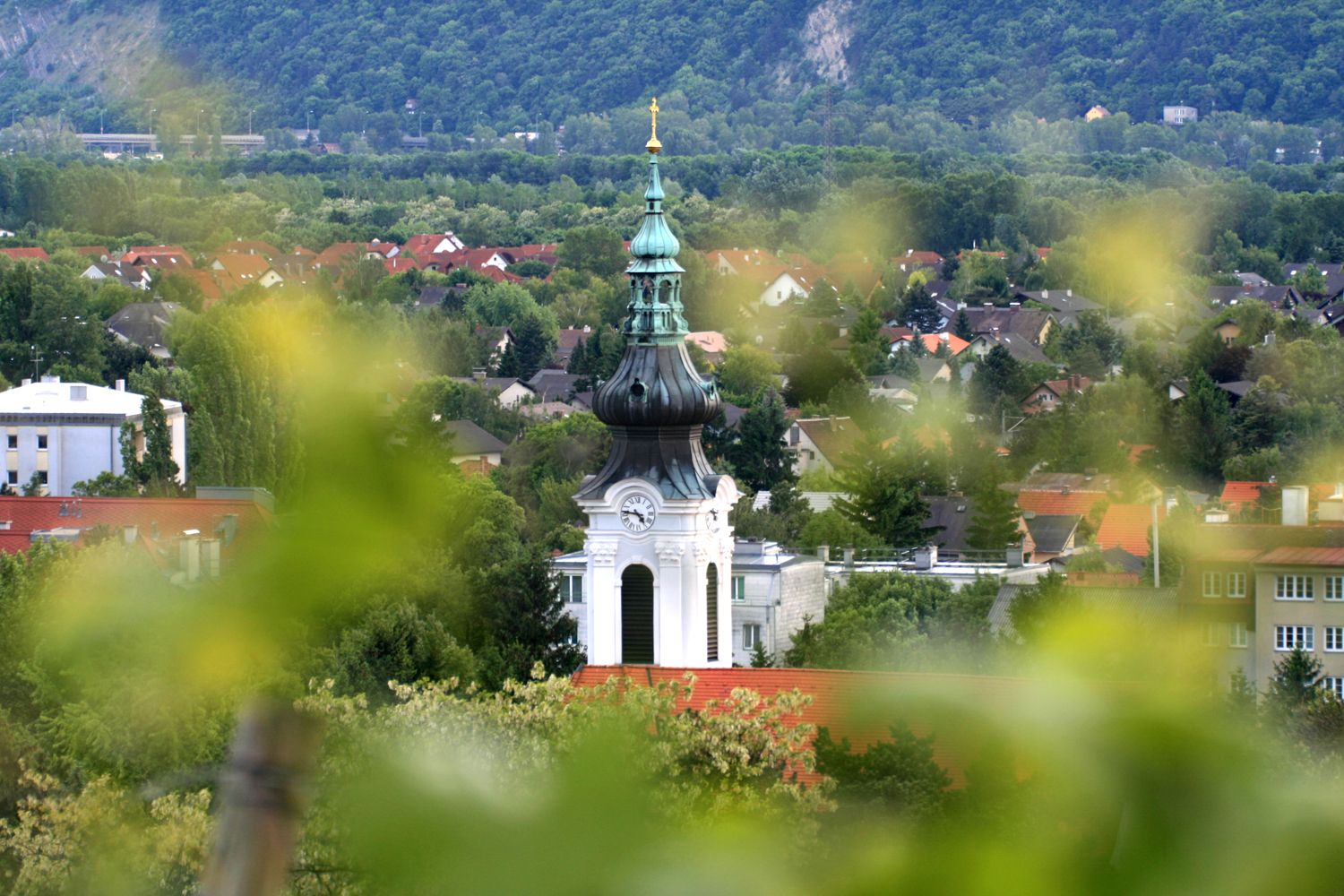 Kostolná veža so zelenou kupolou v mestskej krajine, obklopená stromami a domami.