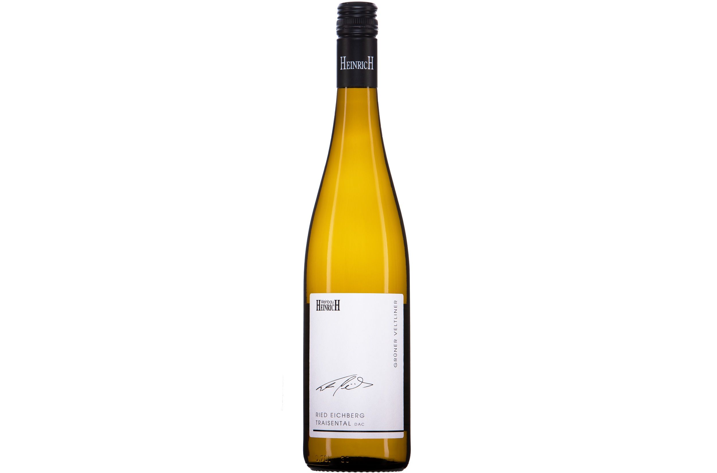 Fľaša vína veltlínske zelené s etiketou od Weingut Heinrich.