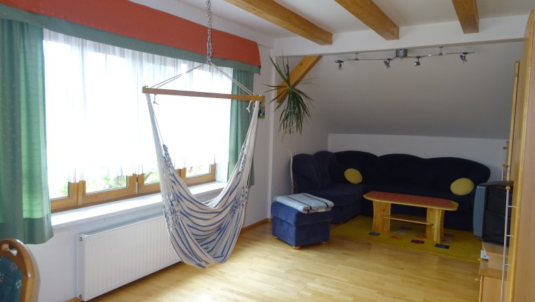 Living room with TV and hanging chair, &copy; Maria Bauer