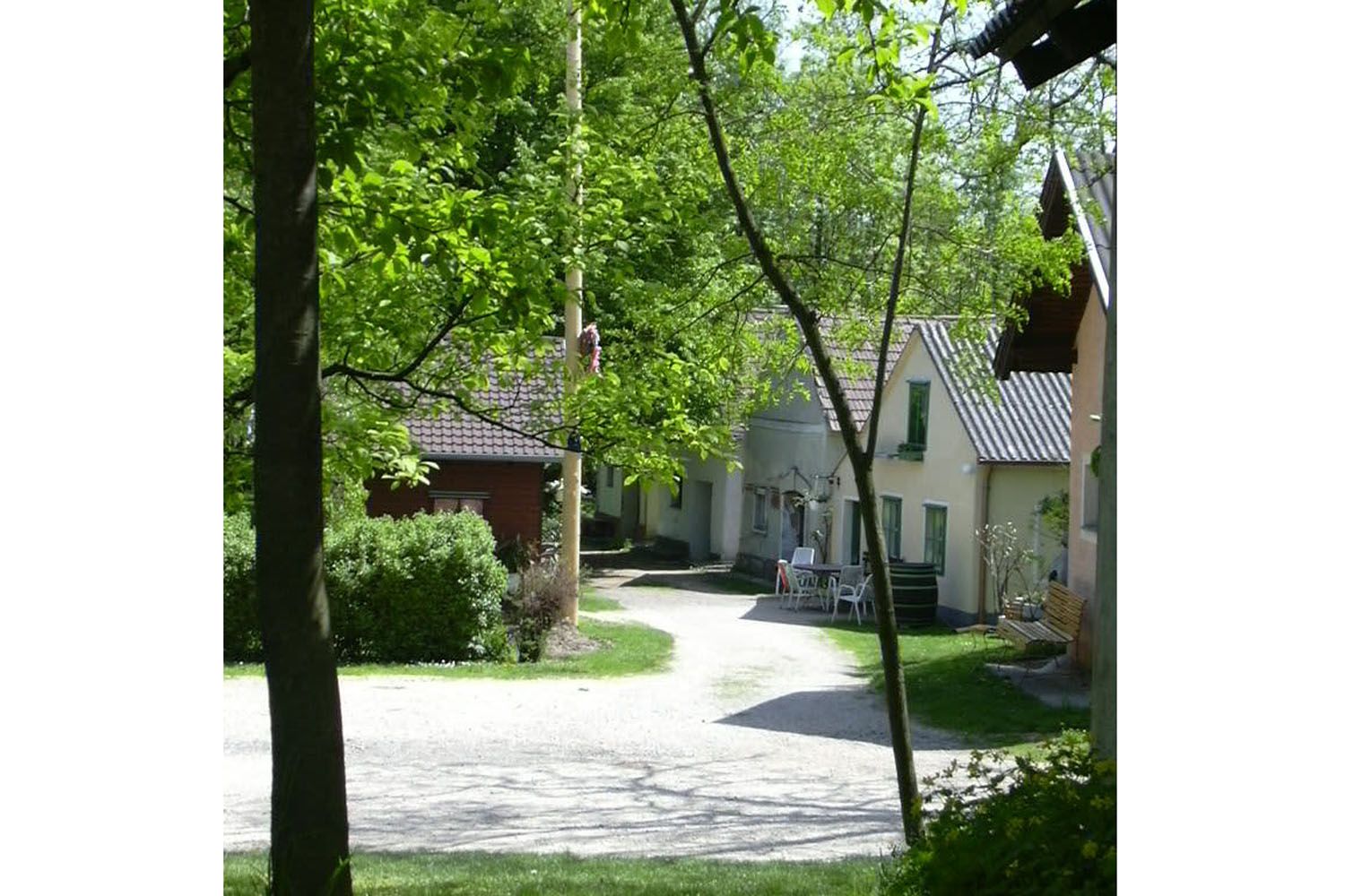 Idylická vínna ulička s malými domčekmi a množstvom zelene na jar.