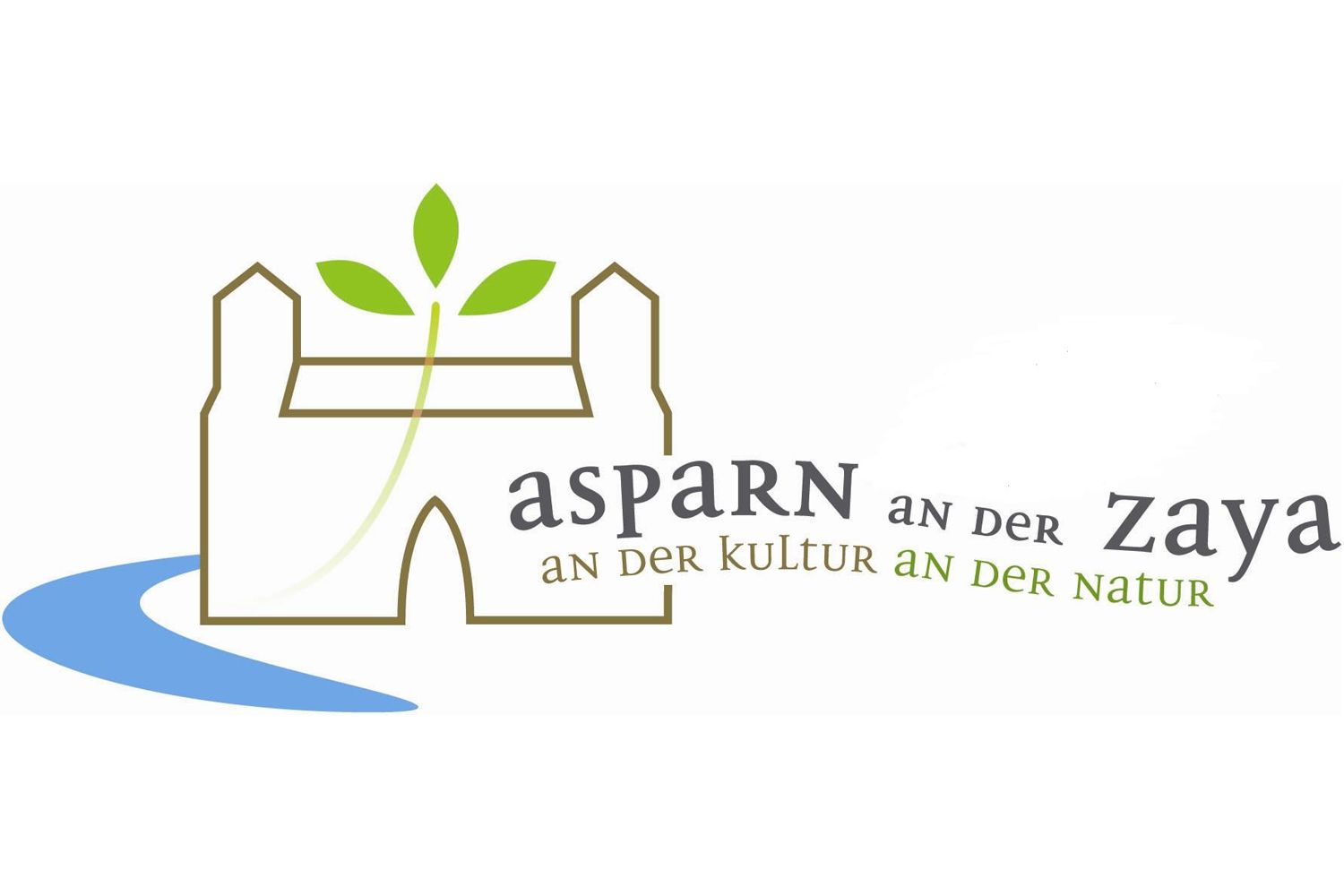 Logo Asparn an der Zaya so štylizovaným hradom a listom.