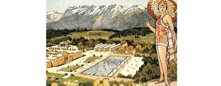 Ilustrácia vonkajšieho bazéna s horami v pozadí a ženou v plavkách v popredí.