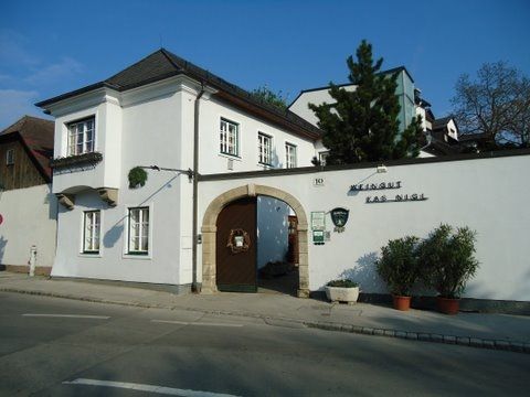 Vstupná brána do vinárstva Kas-Nigl s bielou fasádou a rastlinami.