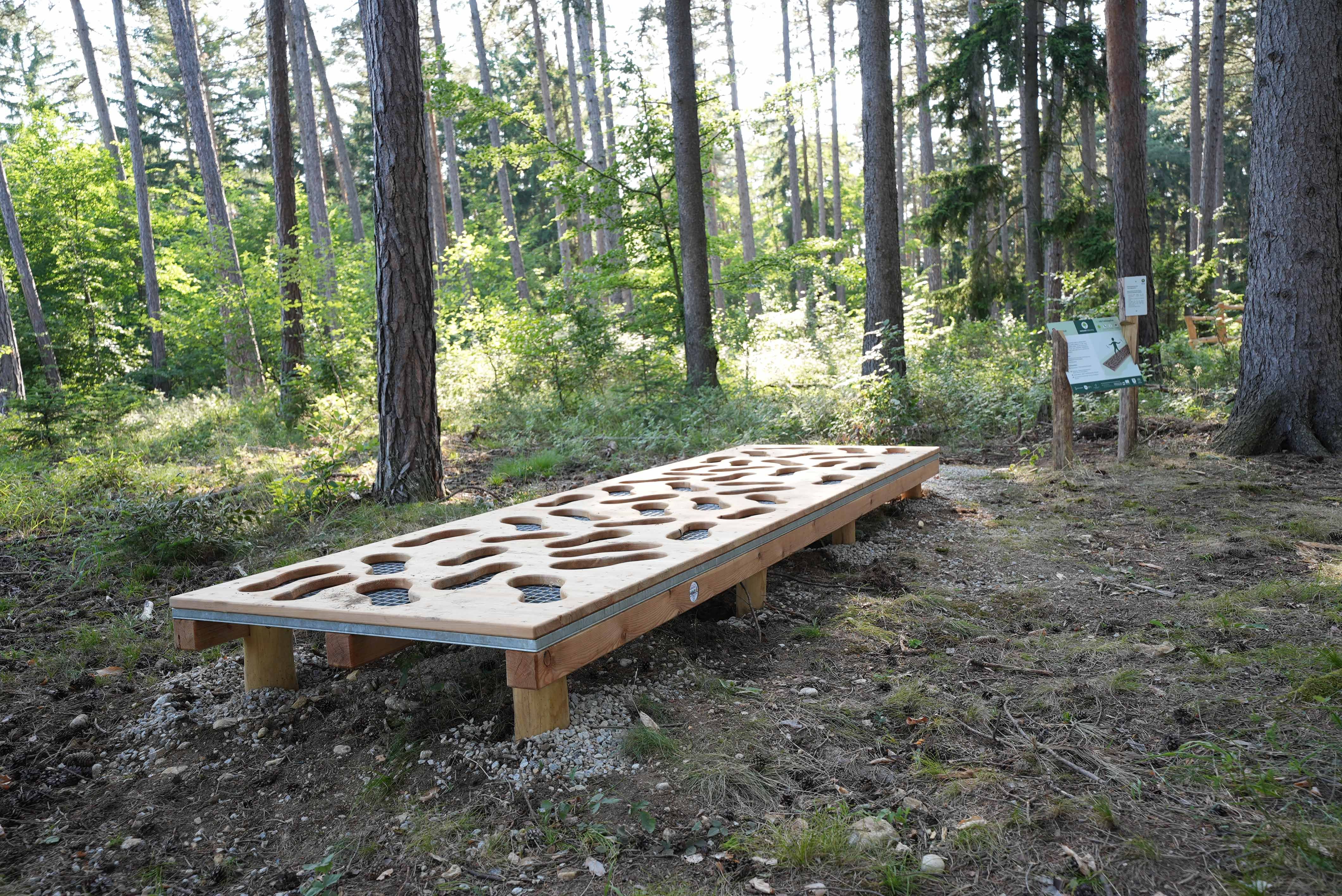 Drevená plošina s otvormi v lese Göttweig.