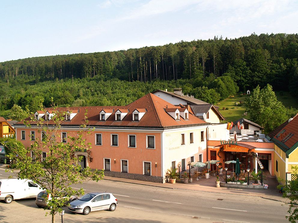 Exteriérový pohľad na hotel s terasou a okolitým lesom.