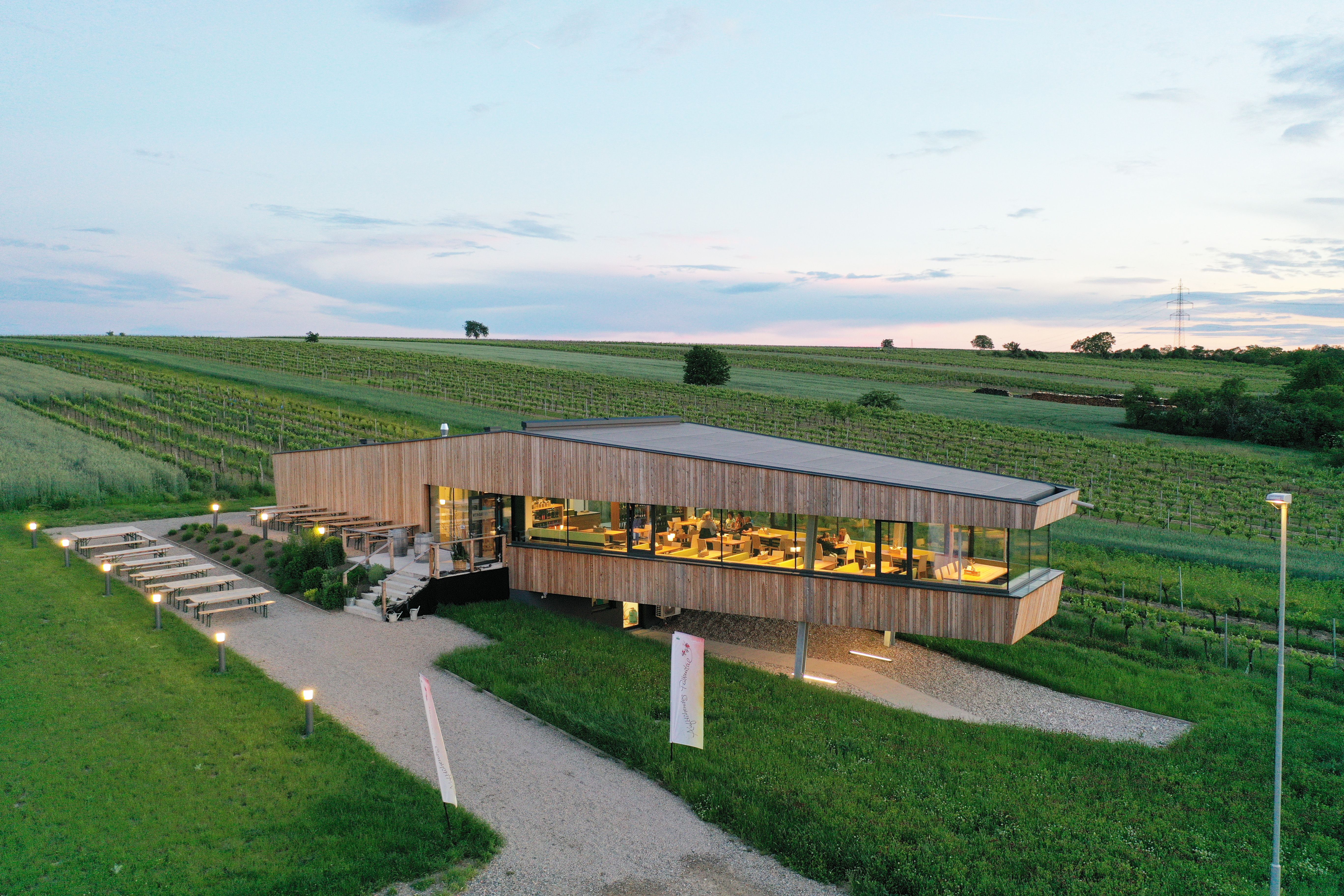 Moderná budova obklopená vinicami pri západe slnka.