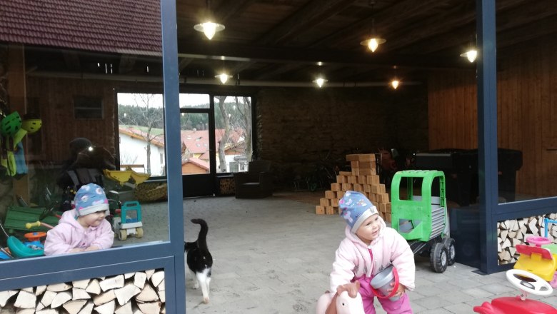 Dieťa v zimnom oblečení sa hrá s hračkárskym koňom v otvorenej miestnosti s hromadami dreva a hračiek. Okolo prechádza mačka.