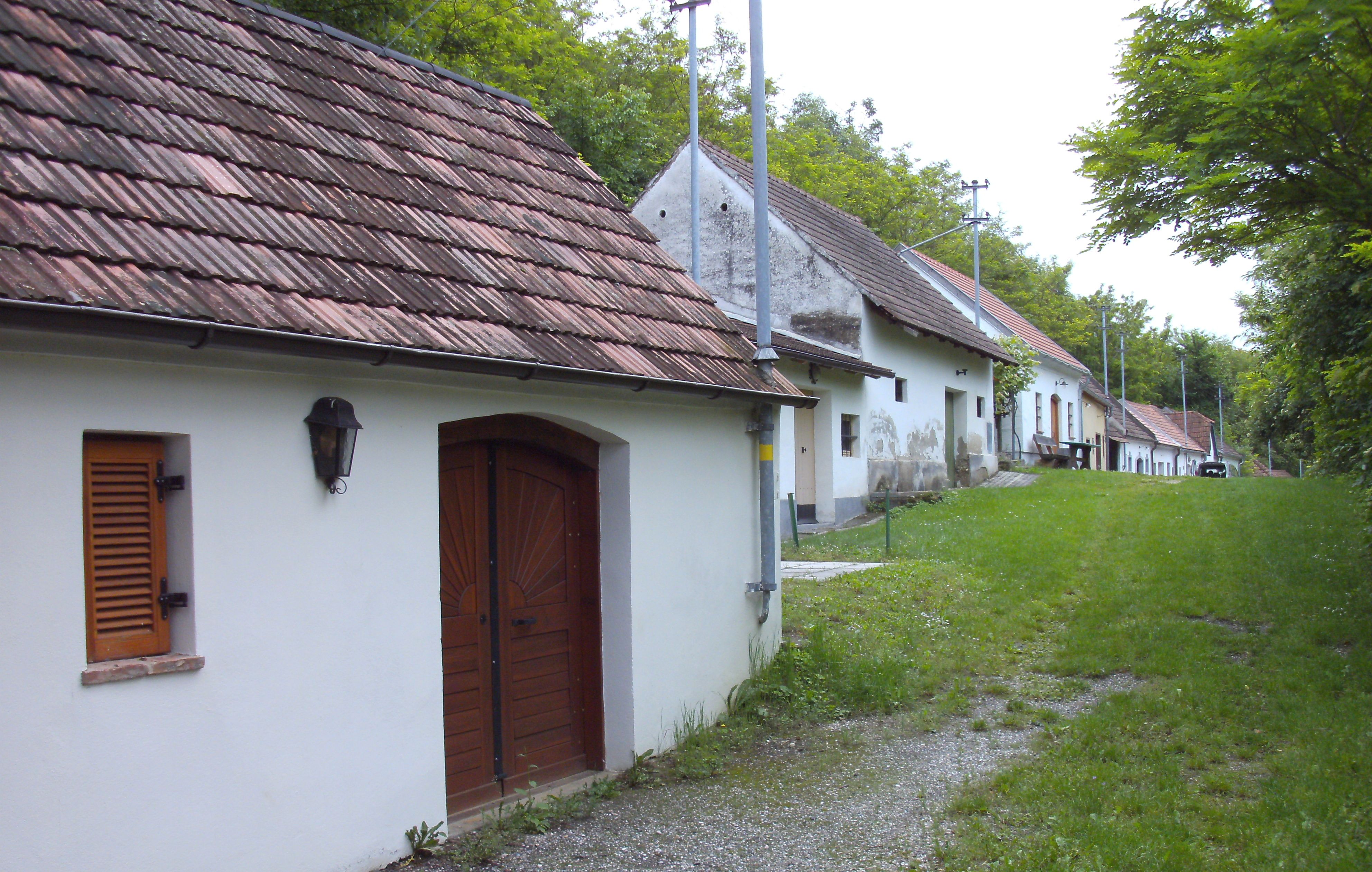 Rad vínnych pivníc v zelenom prostredí v Absdorfe.