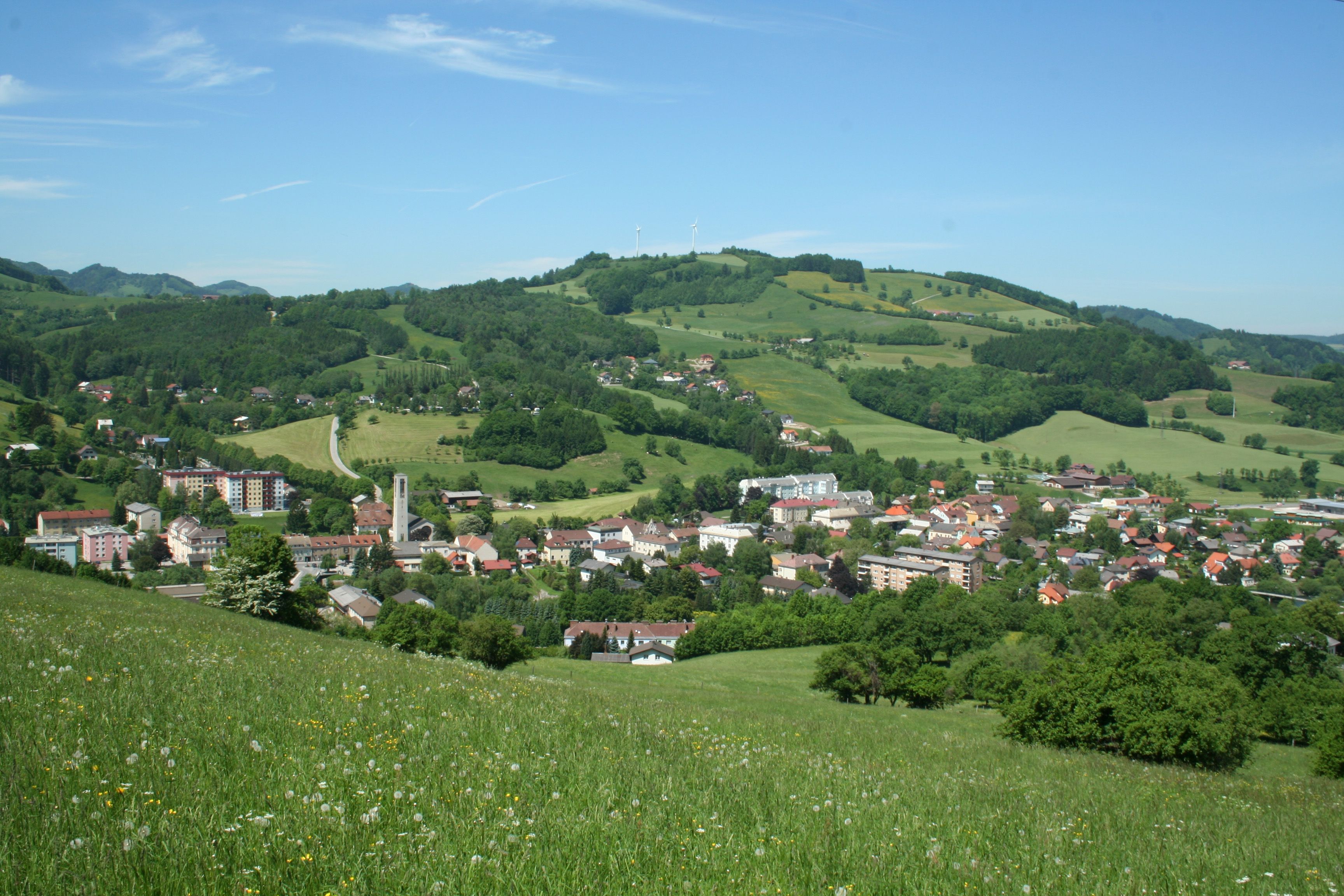 Panoramatický pohľad na trhové mesto Traisen so zelenými kopcami a veternými turbínami v pozadí.