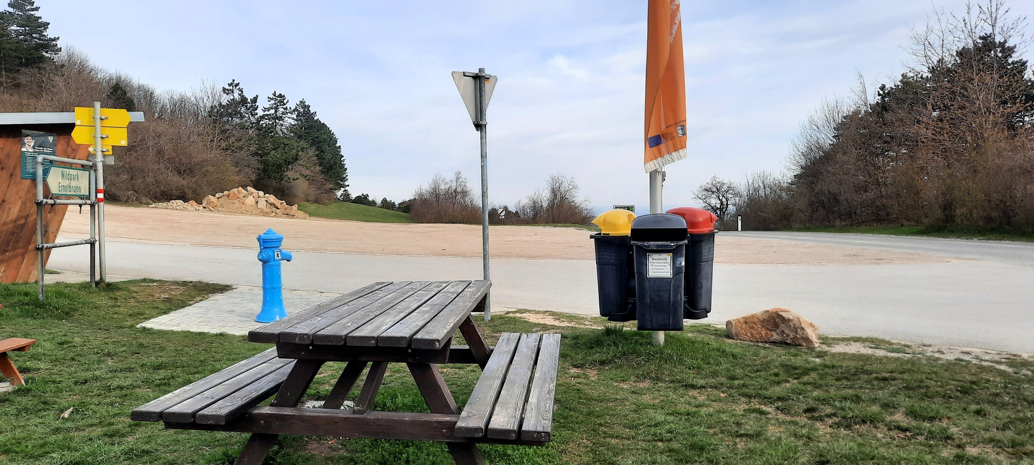 Piknikový stôl a odpadkový kôš na parkovisku so stromami v pozadí.