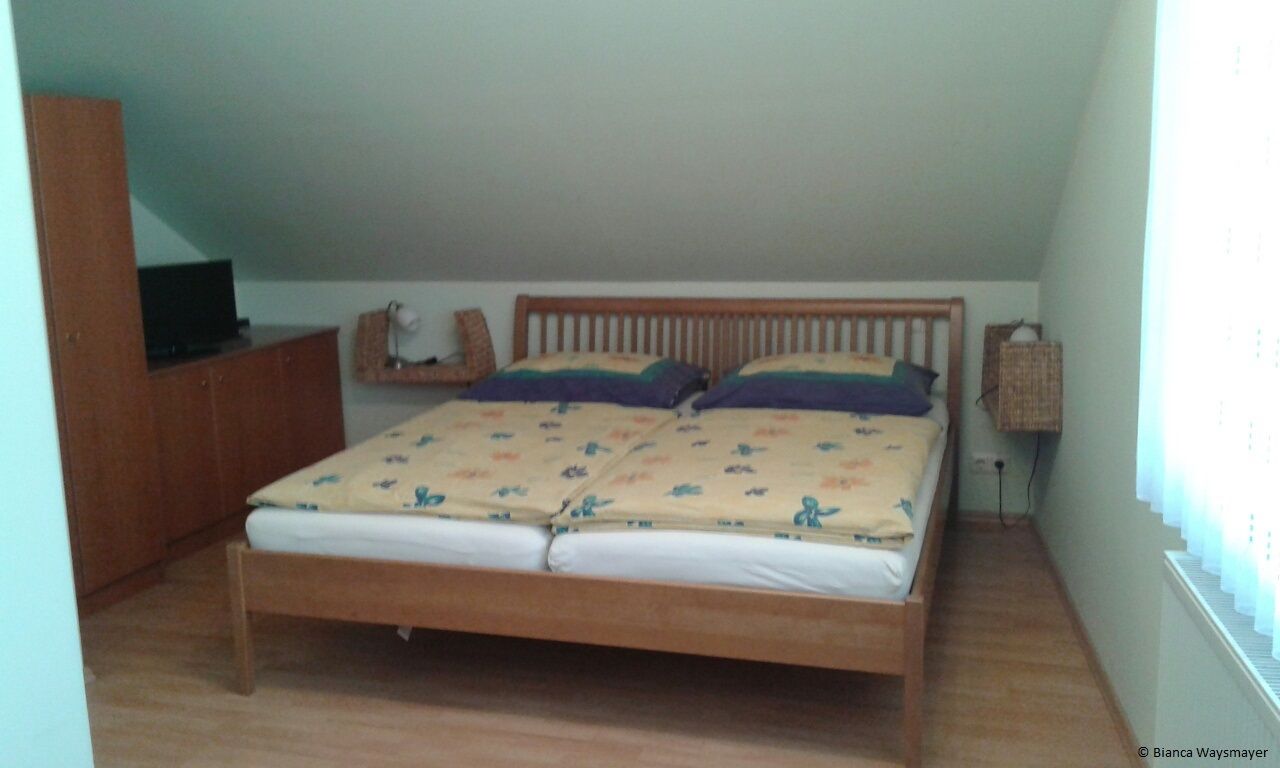 Spálňa s manželskou posteľou, šatníkovou skriňou a televízorom na skrini.