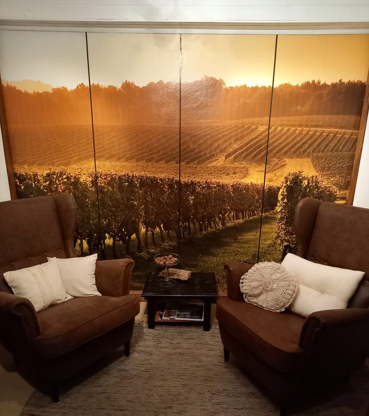 Dve hnedé kreslá s vankúšmi pred stenou s fototapetou vinohradu.