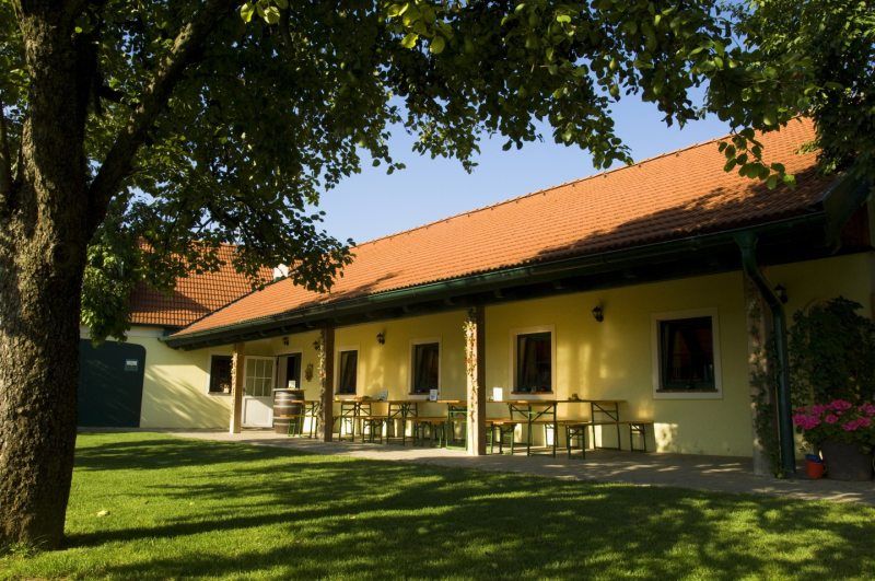 Záhrada vinárne so žltou budovou, červenými škridlami a zelenou lúkou.