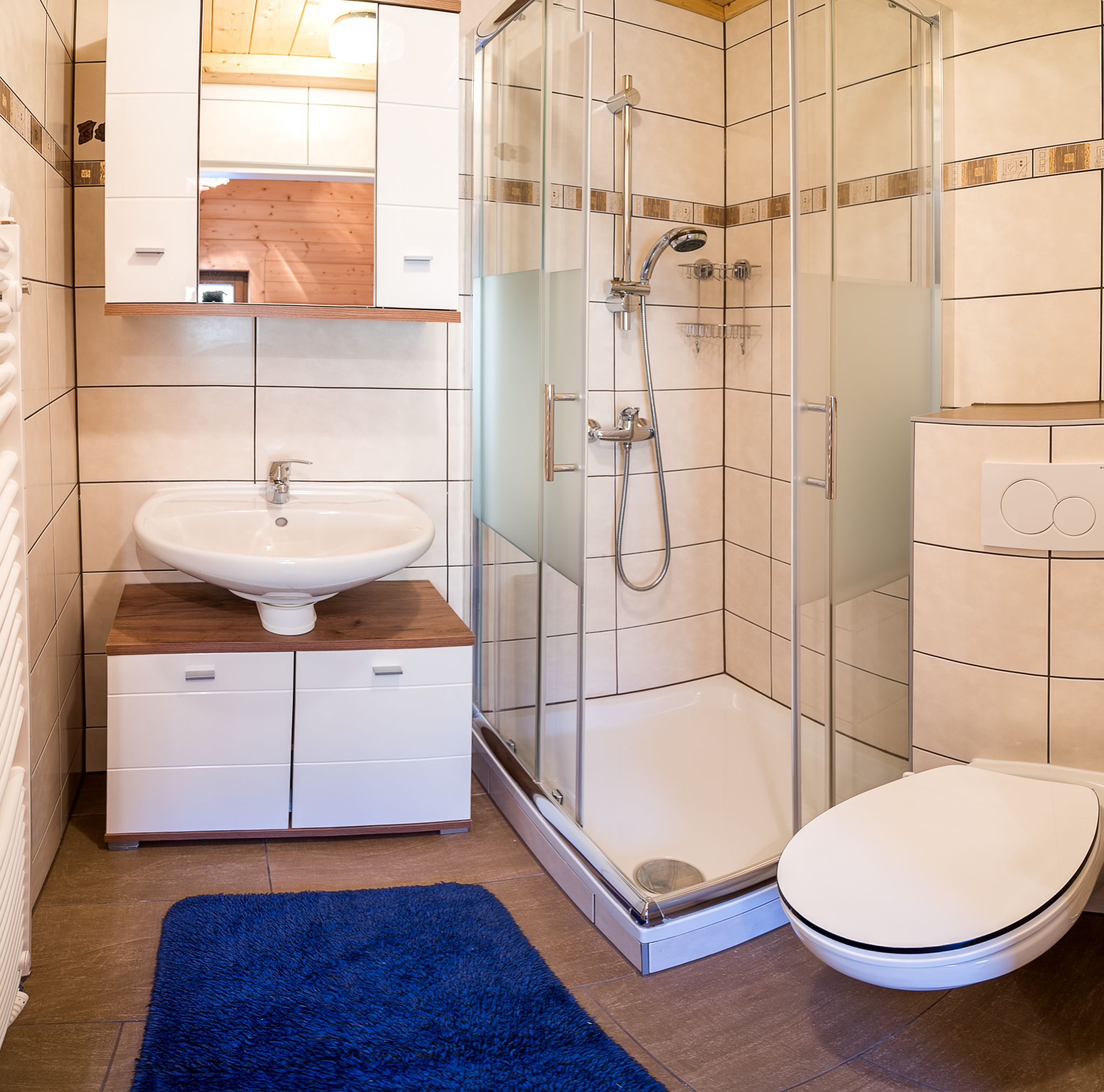 Moderná kúpeľňa so sprchovacím kútom, umývadlom, WC a modrou rohožou.