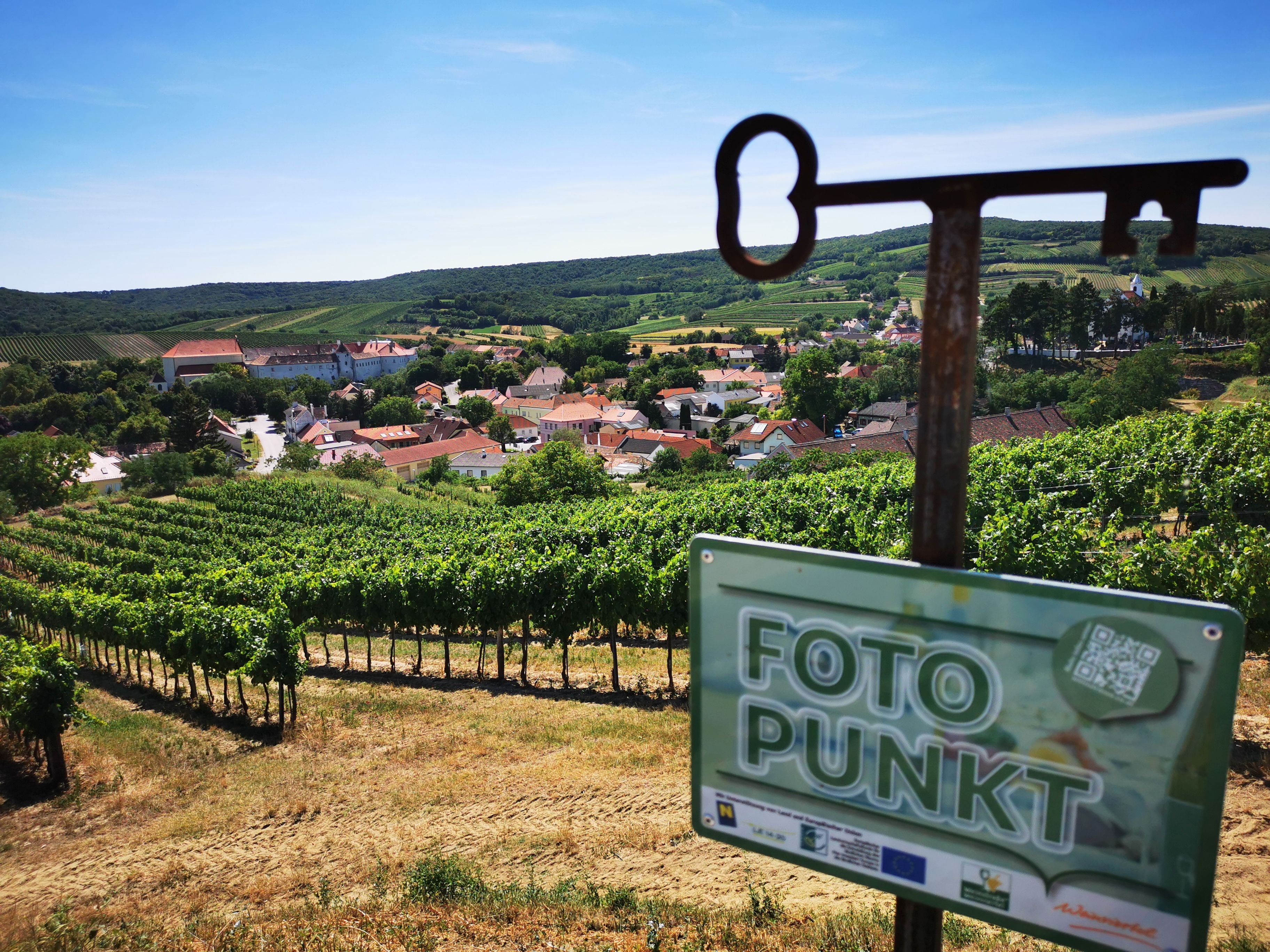 Pohľad na dedinu obklopenú vinicami s nápisom "photo point" v popredí.