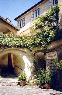 Historická budova s rastlinami a oblúkmi.