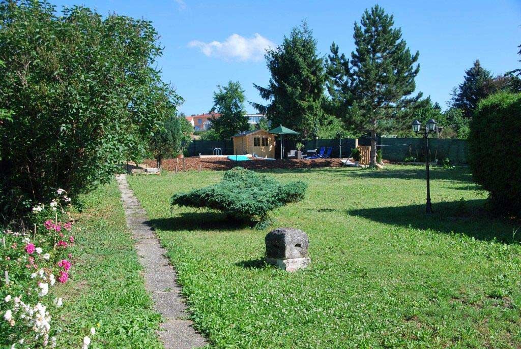 Záhrada s trávnikom, stromami a malou cestičkou vedúcou k drevenému domčeku.