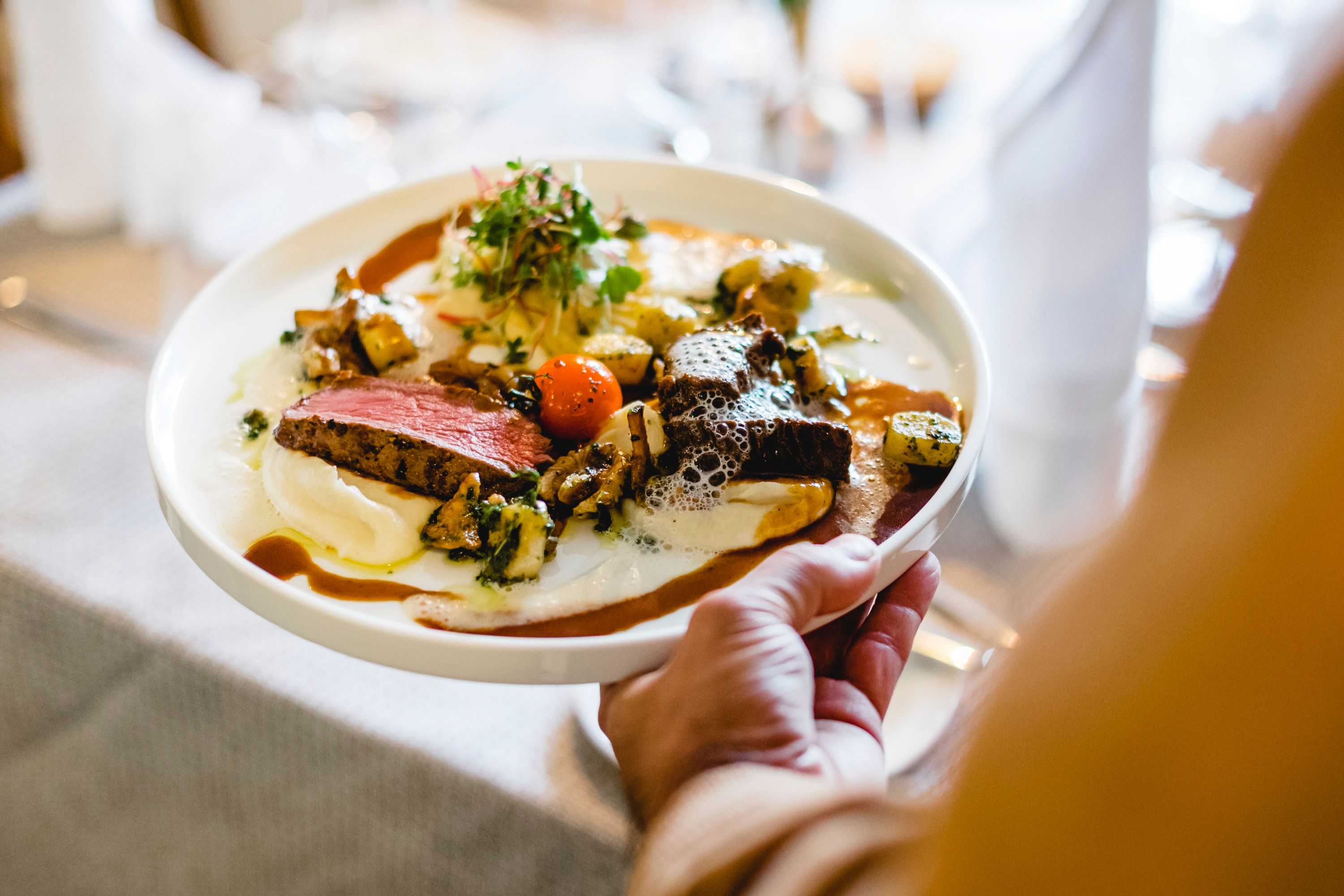 Gurmánske jedlo so zverinou, karfiolovým krémom a orechovými haluškami na tanieri.