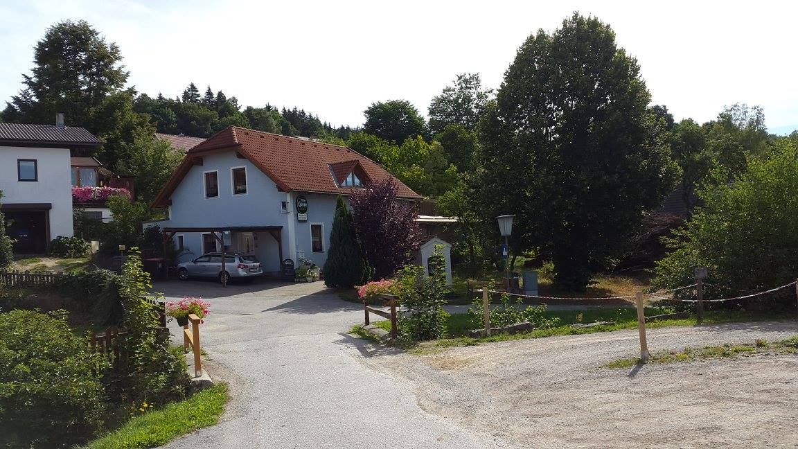 Biely dom s červenou strechou, obklopený stromami a autom na dvore.