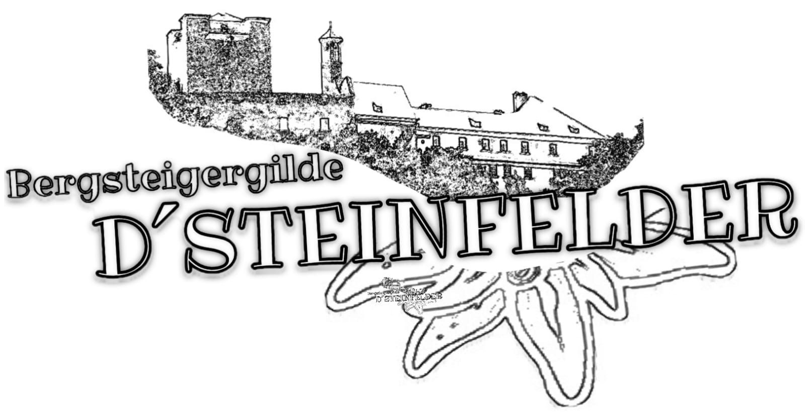 Logo horolezeckého cechu D'Steinfelder s hradom a edelweissom.