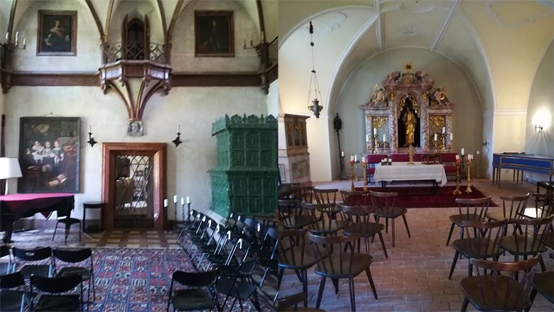 Dve vnútorné miestnosti: vľavo historická sála s obrazmi a kachľami, vpravo kaplnka s oltárom a stoličkami.