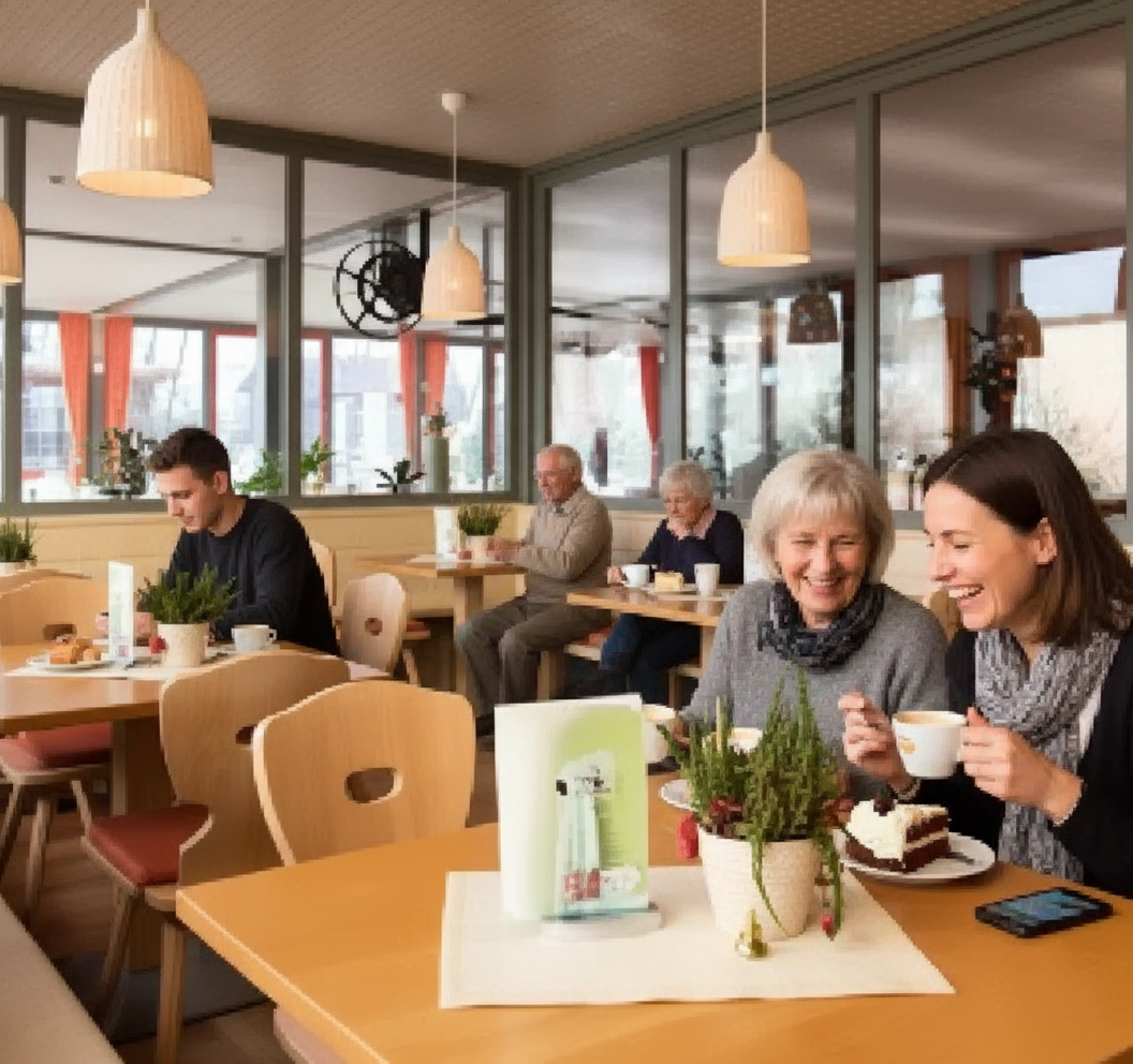 Ľudia v kaviarni pijú kávu a jedia koláč.