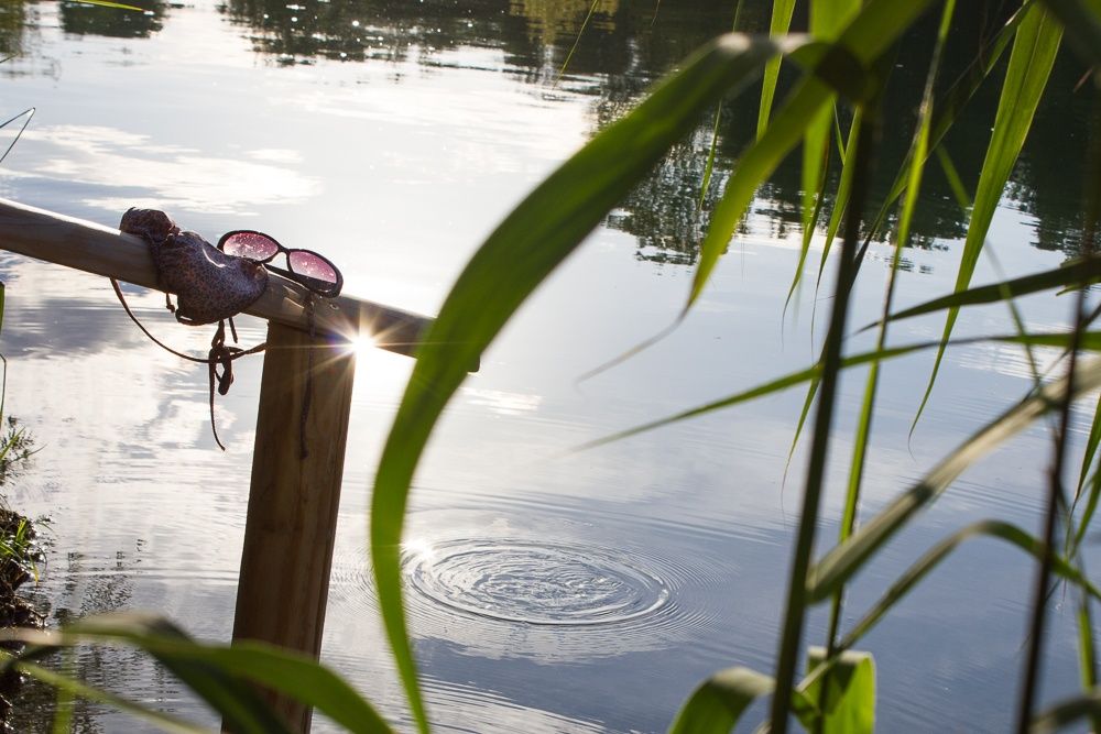 Drevené zábradlie na brehu jazera so slnečnými okuliarmi a bikinami. Vo vode vidno malé vlnky obklopené trstinou.