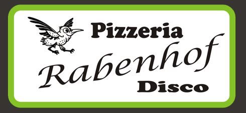 Logo pizzerie Rabenhof s vtákom a zeleným rámom.