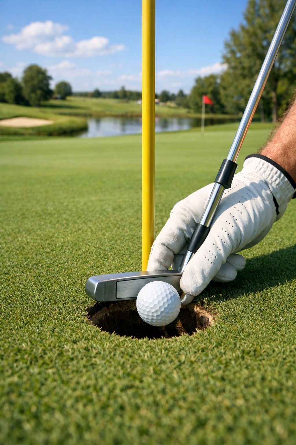 Golfista s rukavicou vkladá golfovú loptičku do jamky na upravenom greene so žltou palicou.
