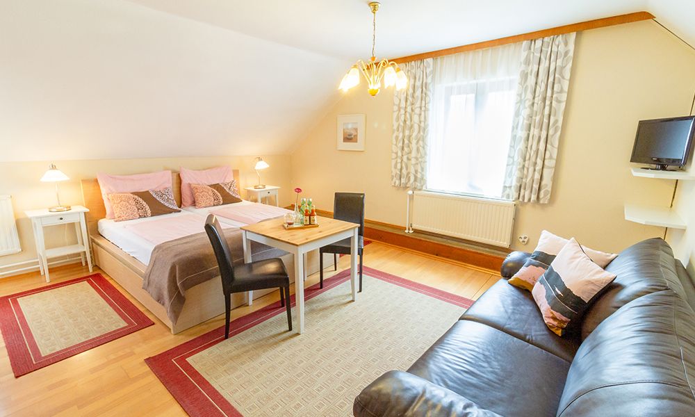 Útulná izba pre hostí s manželskou posteľou, pohovkou, stolom a stoličkami, svetlý nábytok.