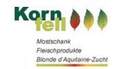 Logo spoločnosti Mostschank Familie Kornfell s listami a textom v zelenej farbe písma.
