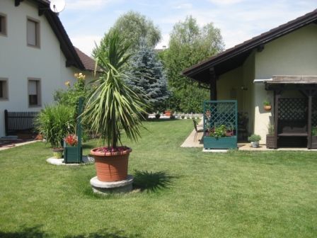 Udržiavaná záhrada s trávnikom, kvetináčmi a dvoma domčekmi.