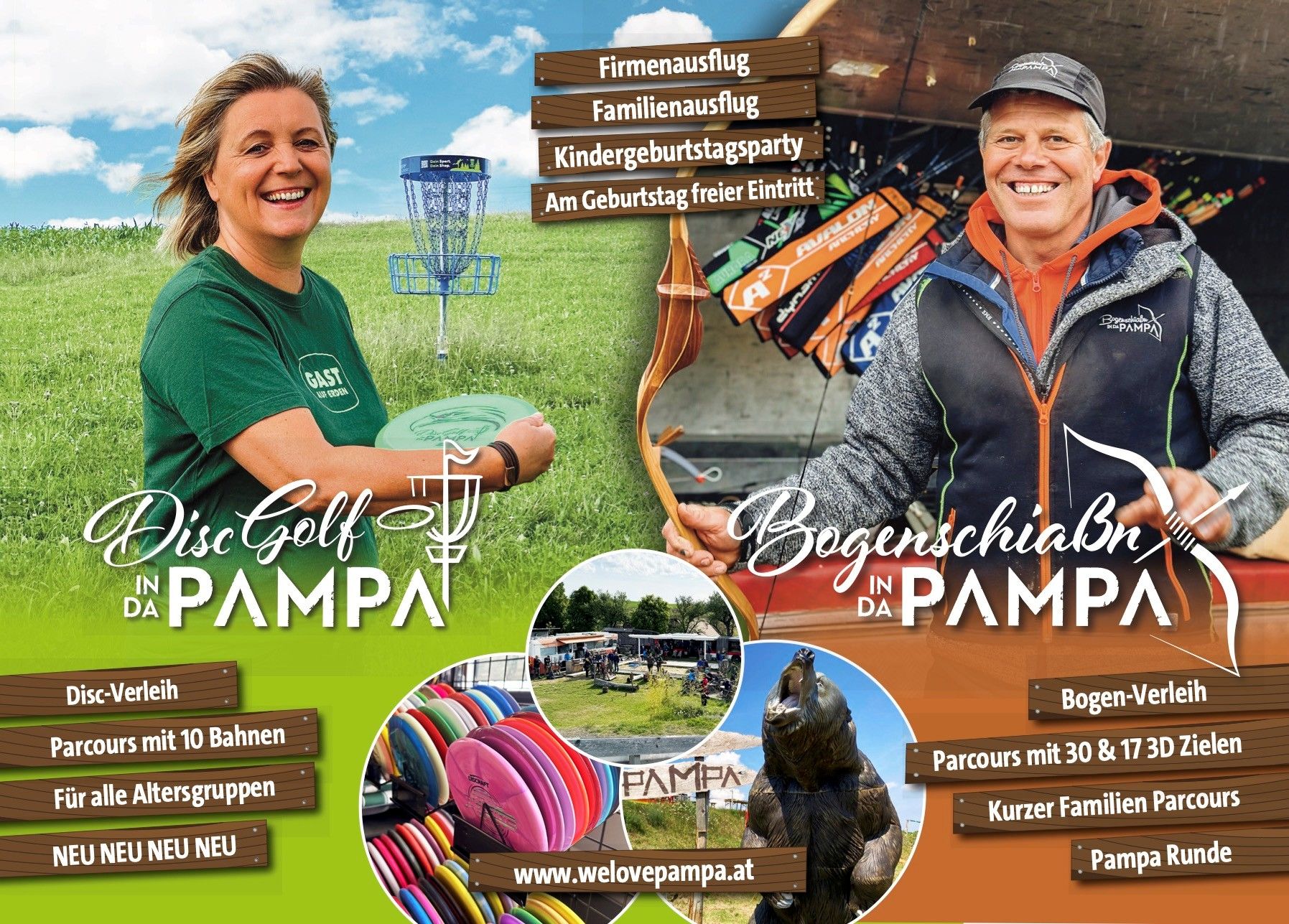 Leták na discgolf a lukostreľbu v Pampy s obrázkami ženy s diskom na discgolf a muža s lukom v ruke.