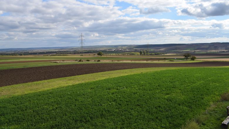 Široká krajina s poľami a elektrickými stĺpmi pod zamračenou oblohou.
