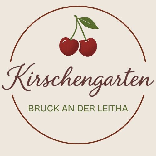 Logo s dvoma čerešňami a textom "Kirschengarten Bruck an der Leitha".