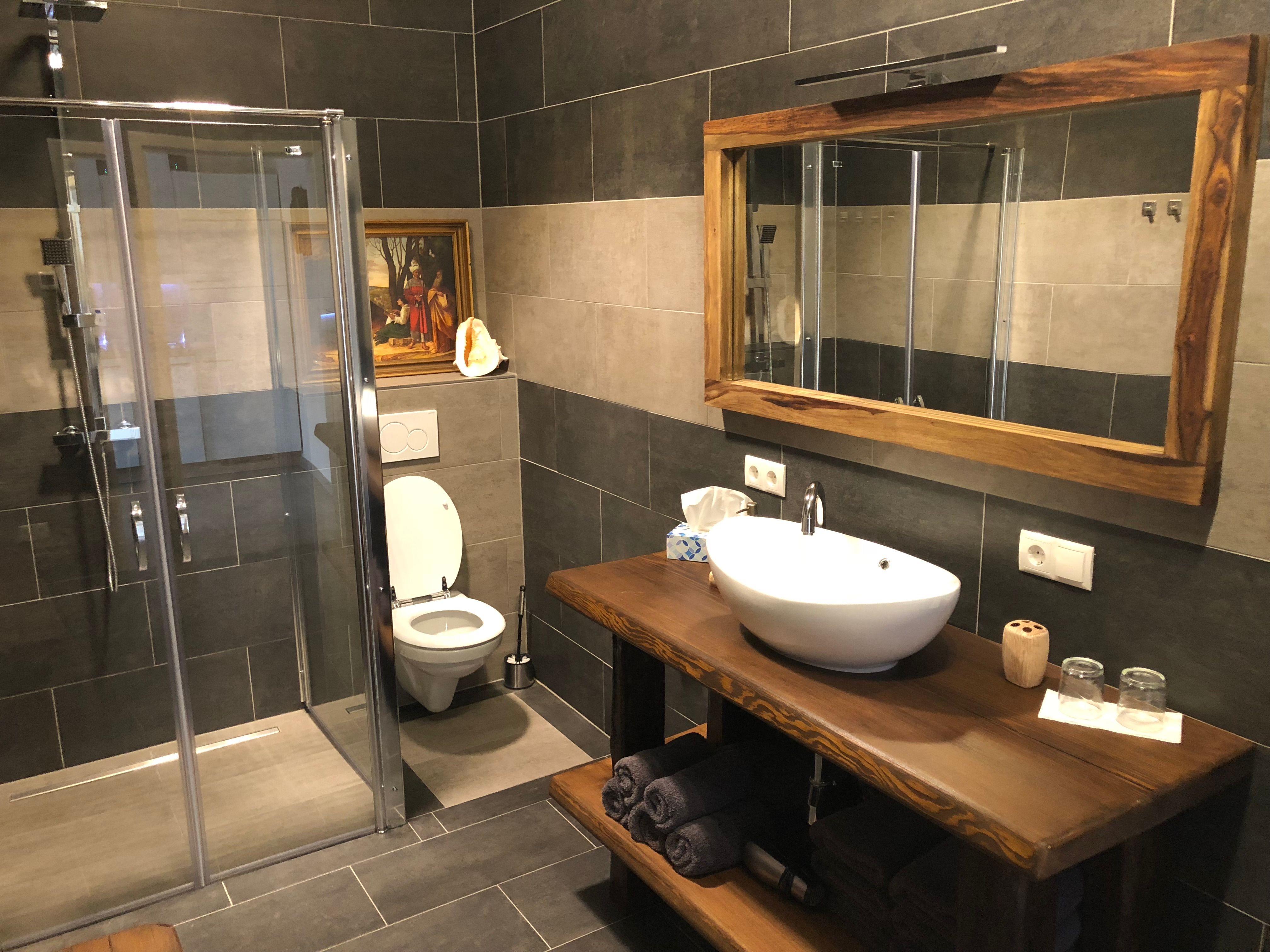 Moderná kúpeľňa so sprchovacím kútom, WC a umývadlom.