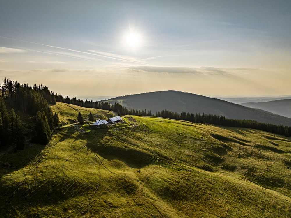 Krajina so zelenými kopcami, lesom a budovou pod slnkom.