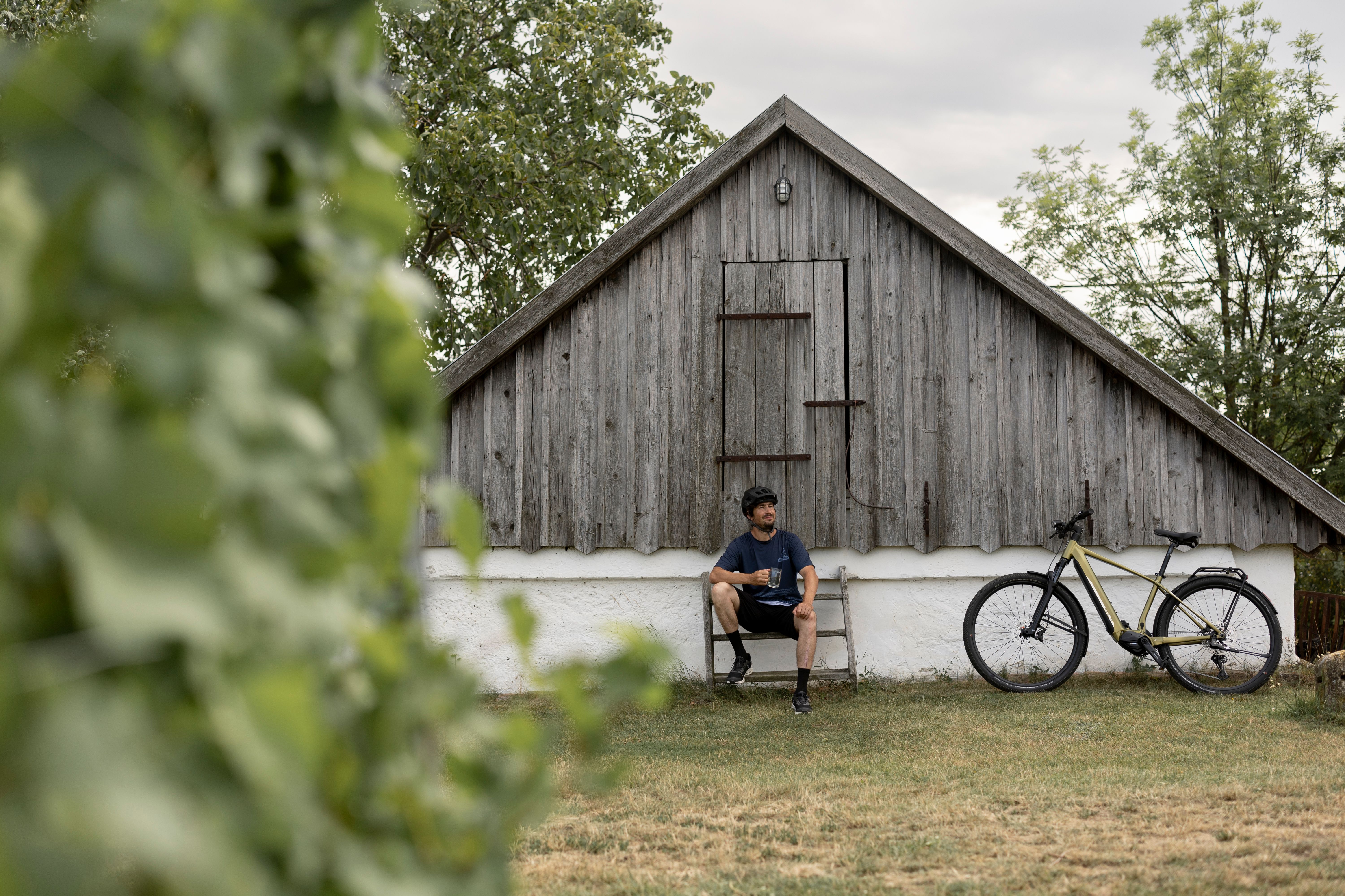 Malebná vínna ulička s bielymi lisovňami a kvitnúcimi šeříkmi v popredí.