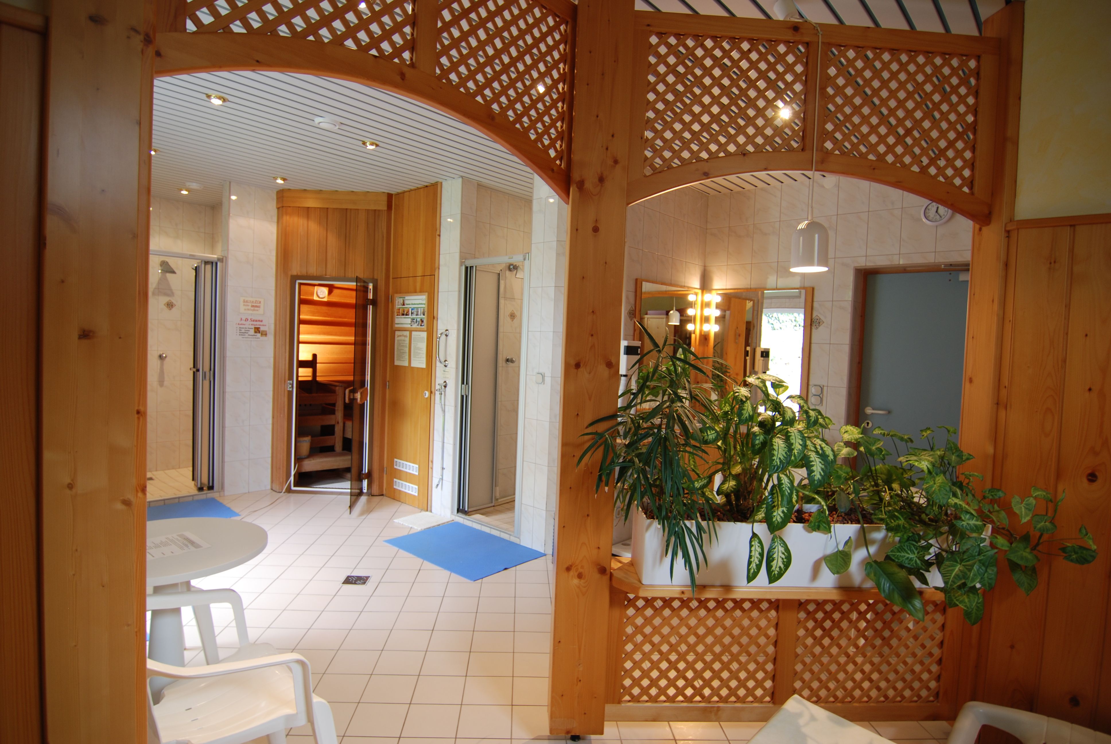 Pohľad do interiéru wellness centra so saunou, rastlinami a posedením.