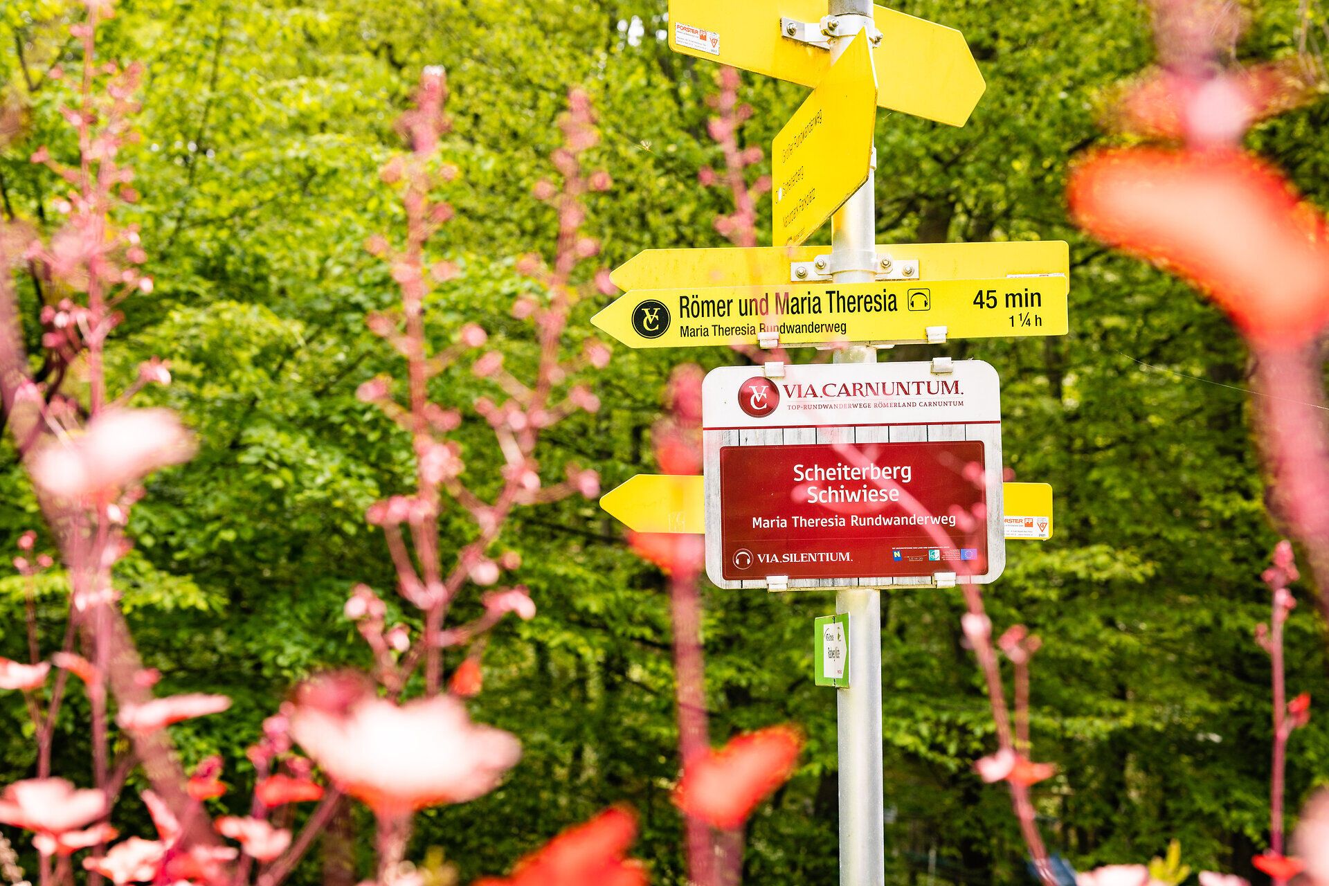 Stojan s niekoľkými turistickými značkami.